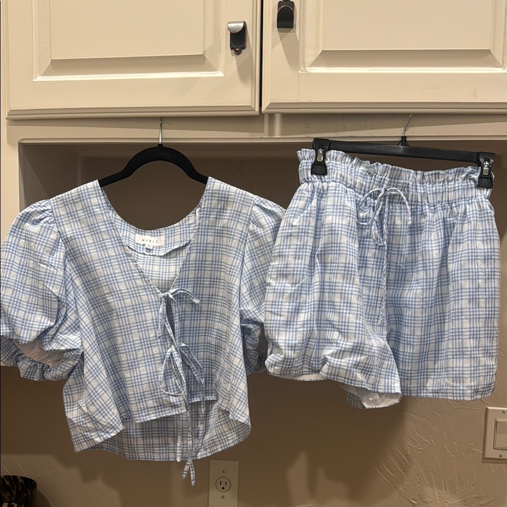 MARBLE Light Blue & White Plaid Tie-Front Cropped Top